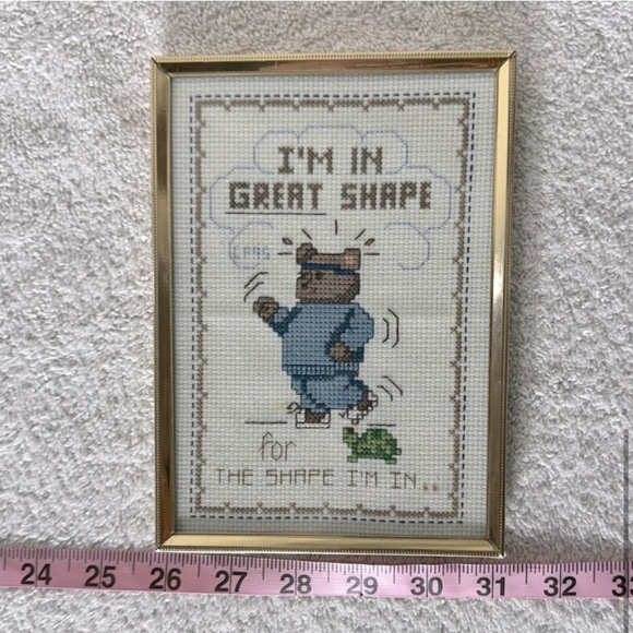 SOLD-Vintage Handmade Needlepoint Workout Bear Art - Picture 7 of 9